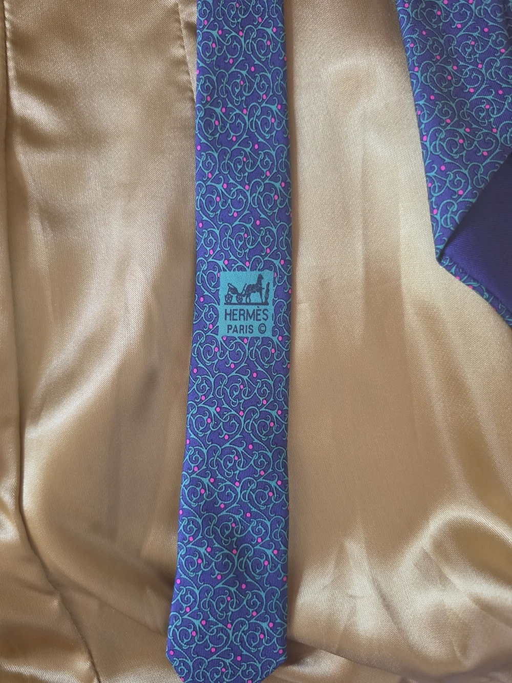 Hermes Blue and Pink Silk Tie with Teal Scroll Pattern